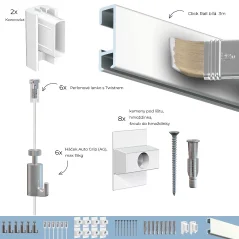 Závesný systém na obrazy - SET Click Rail biela pretierateľná 3m (6x perlon 6x AG