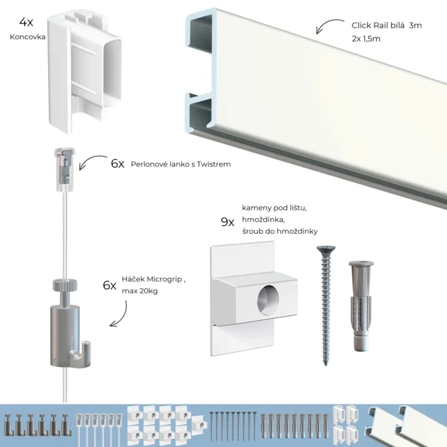 Závěsný systém na obrazy - SET Click Rail bílá přetíratelná 2x150cm