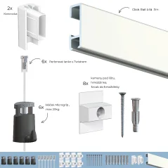 Závesný systém na obrazy - SET Click Rail biela 3m (6x perlon 6x MG2)