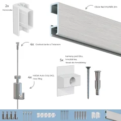 Závesný systém na obrazy - SET Click Rail HLINÍK 2m (4x oceľ - 4x AG)