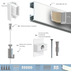 Závesný systém na obrazy - SET Click Rail biela pretierateľná 2m (4x perlon)
