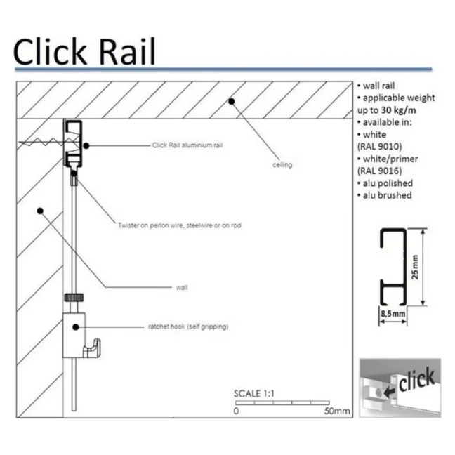 Závěsný systém na obrazy - Click Rail Lišta (RAL9010) nařezaná na rozměr