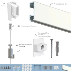 Závesný systém na obrazy - SET Click Rail biela RAL 9010 3m (6x perlon 6xAG)