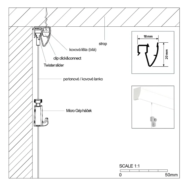 Systém na zavesenie obrazu UP Rail Installation Set White