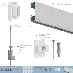 Závesný systém na obrazy - SET Click Rail HLINÍK 3m (6x oceľ - 6x AG)
