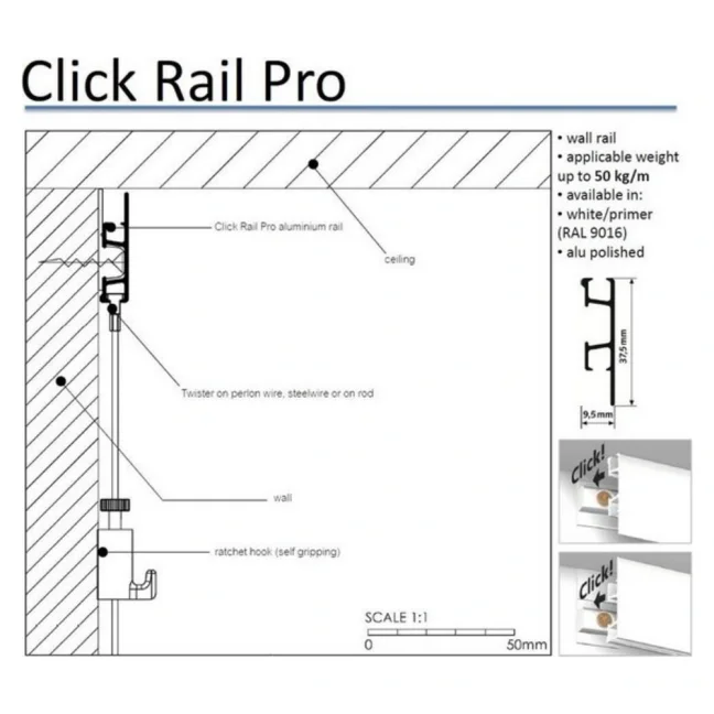 Závesný systém na obrazy - SET Click Rail PRO biela pretierateľná (6x perlon 6x AG)