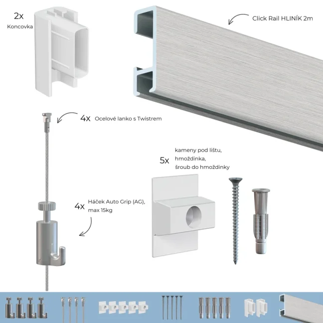 Závesný systém na obrazy - SET Click Rail HLINÍK 2m (4x oceľ - 4x AG)