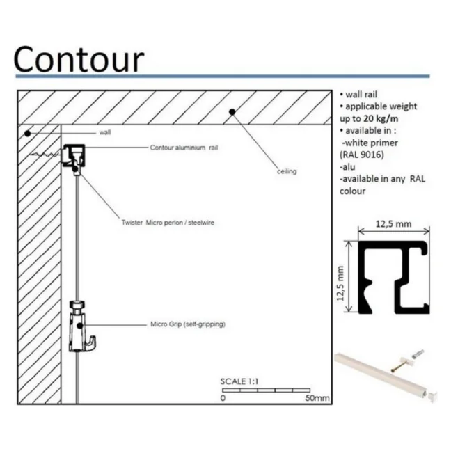 Závesný systém na obrazy - Contour Rail Lišta biela pretierateľná (2m)